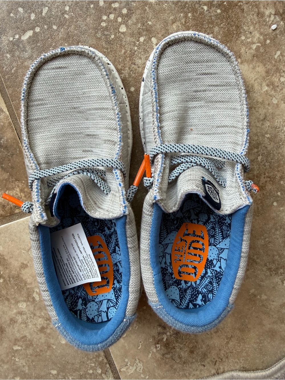 Hey Dude Kids Neutral Slip-On Sneakers with Blue Accents and Orange Details
